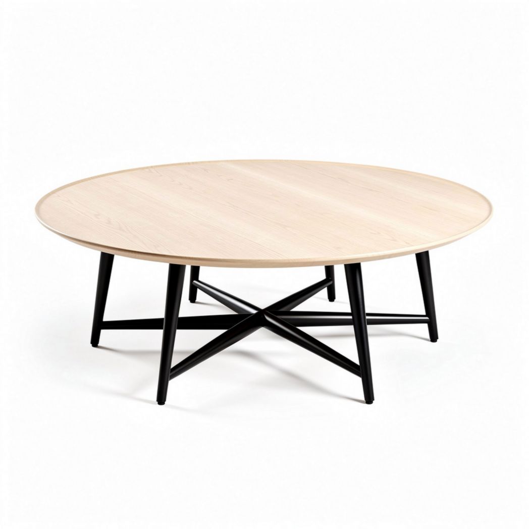 Table basse ronde en bois clair avec pieds en métal noir 100 x 100 x 40cm