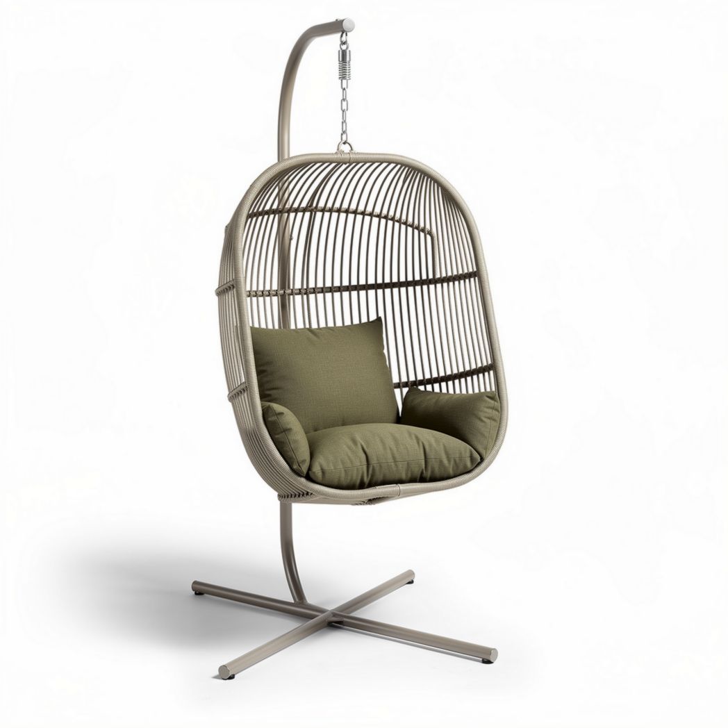 Fauteuil suspendu en métal et rotin avec coussins vert olive 100 x 80 x 130cm