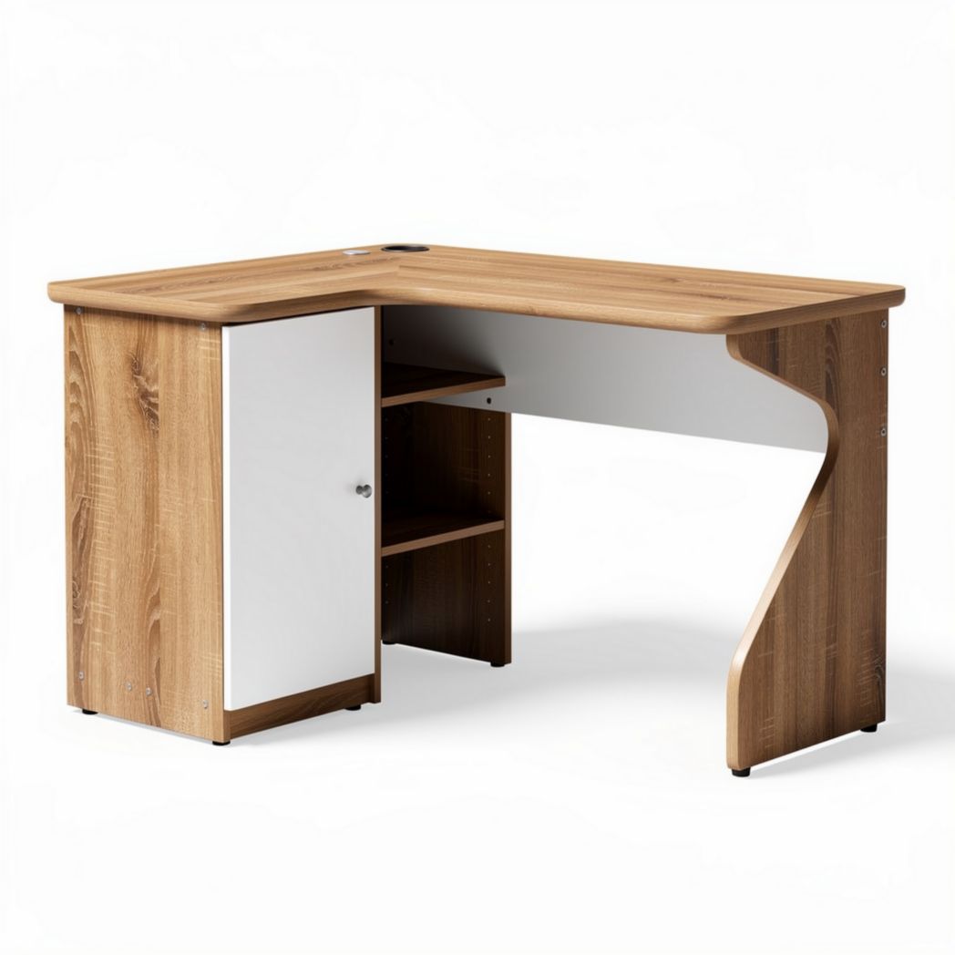 Bureau d'angle en bois clair avec rangement dimensions 150 x 90 x 75cm