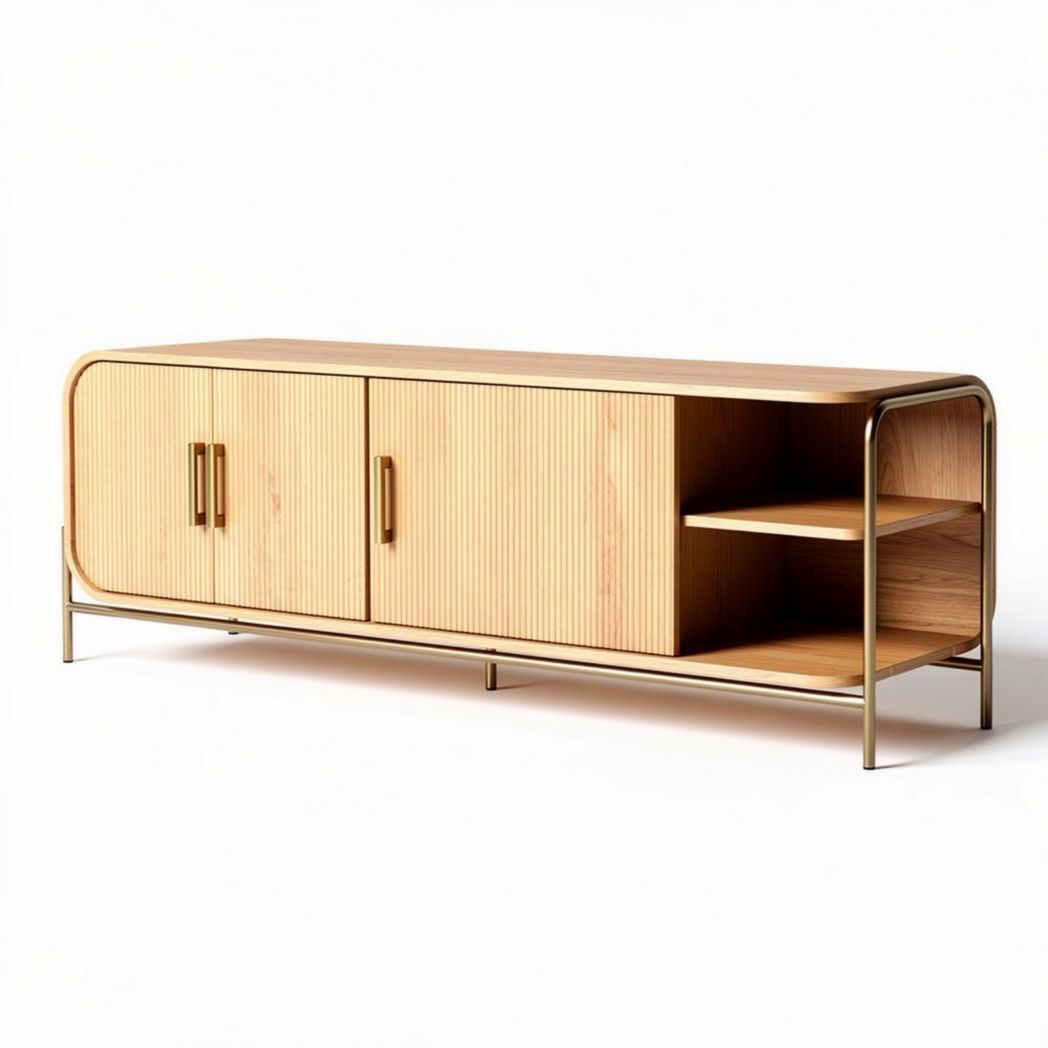 Meuble de télévision en bois clair avec porte en métal doré 150 x 40 x 50cm
