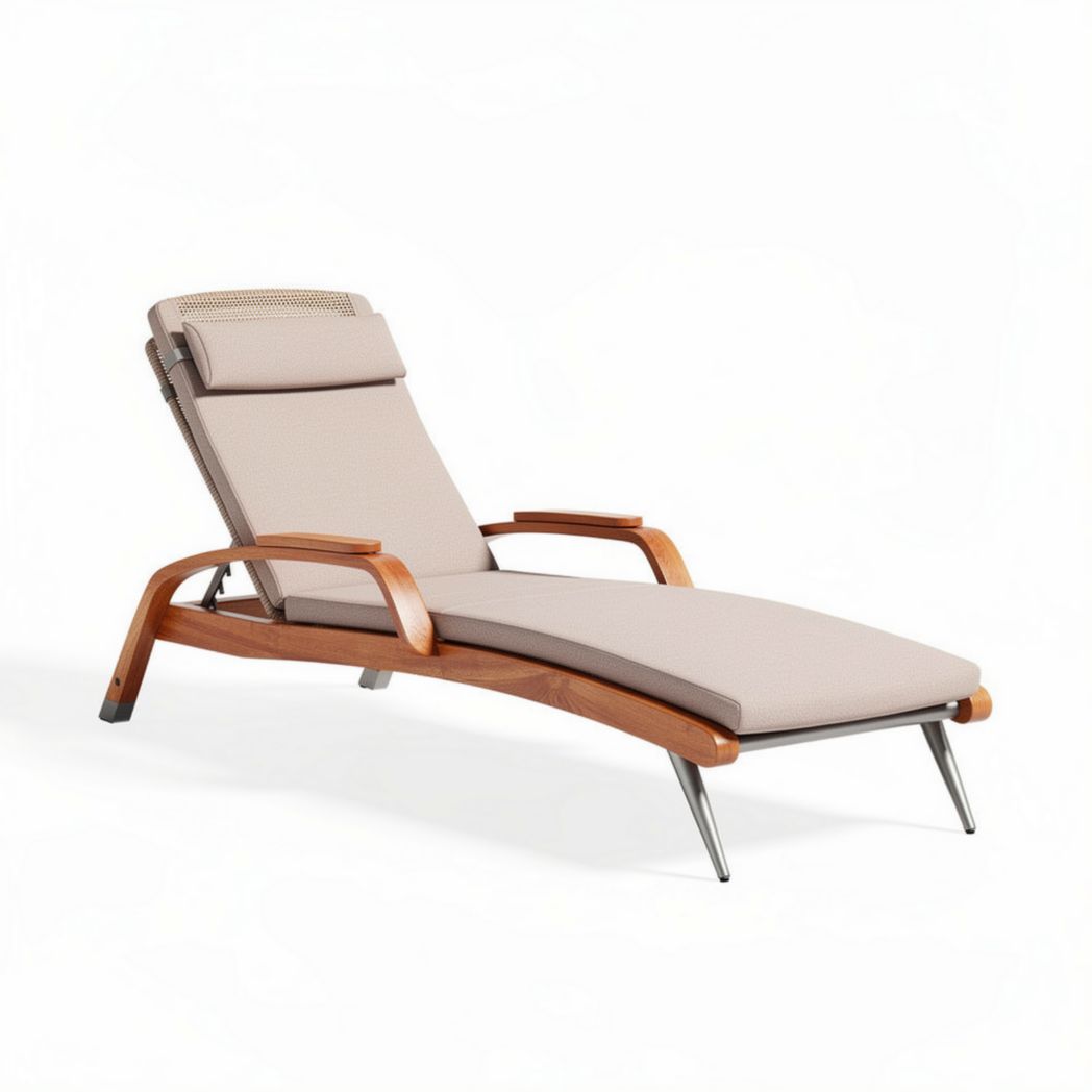 Transat en bois avec coussin beige pour l'extérieur dimensions 200 x 70 x 90cm