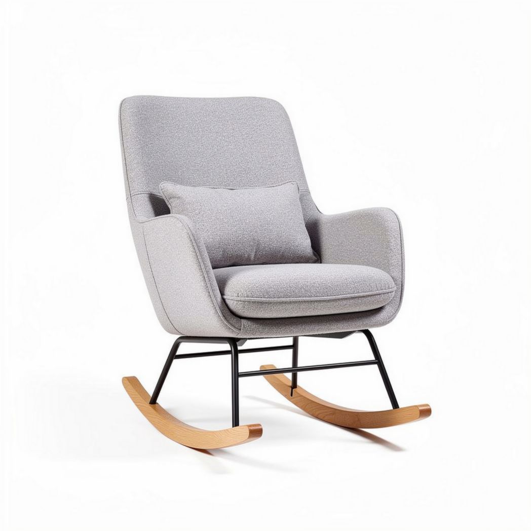 Fauteuil à bascule en tissu gris avec coussin et structure en bois 85 x 75 x 100cm