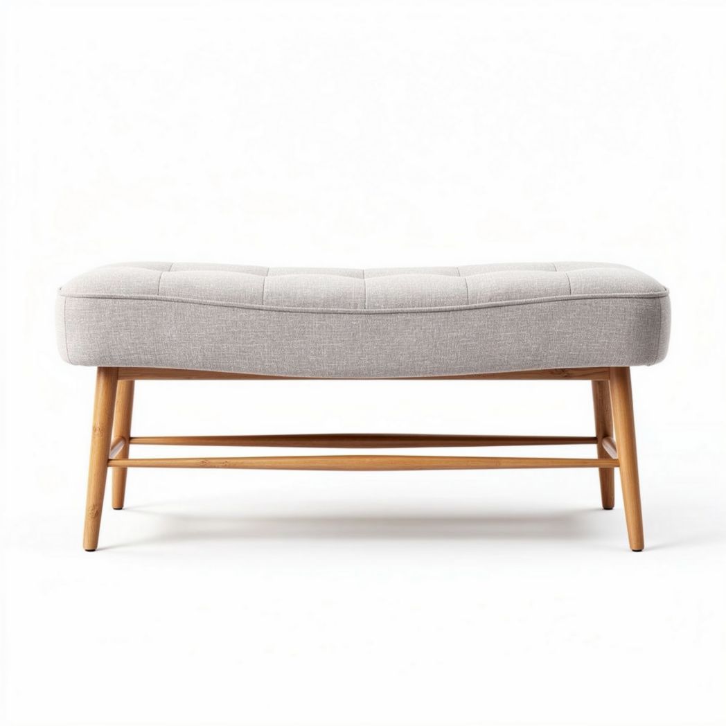 Banc en bois avec assise en tissu gris dimensions 120 x 50 x 45cm